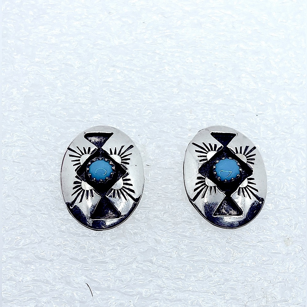 Vtg Navajo Sterling Turquoise Engraved Design Stud Earrings .8” / 21mm